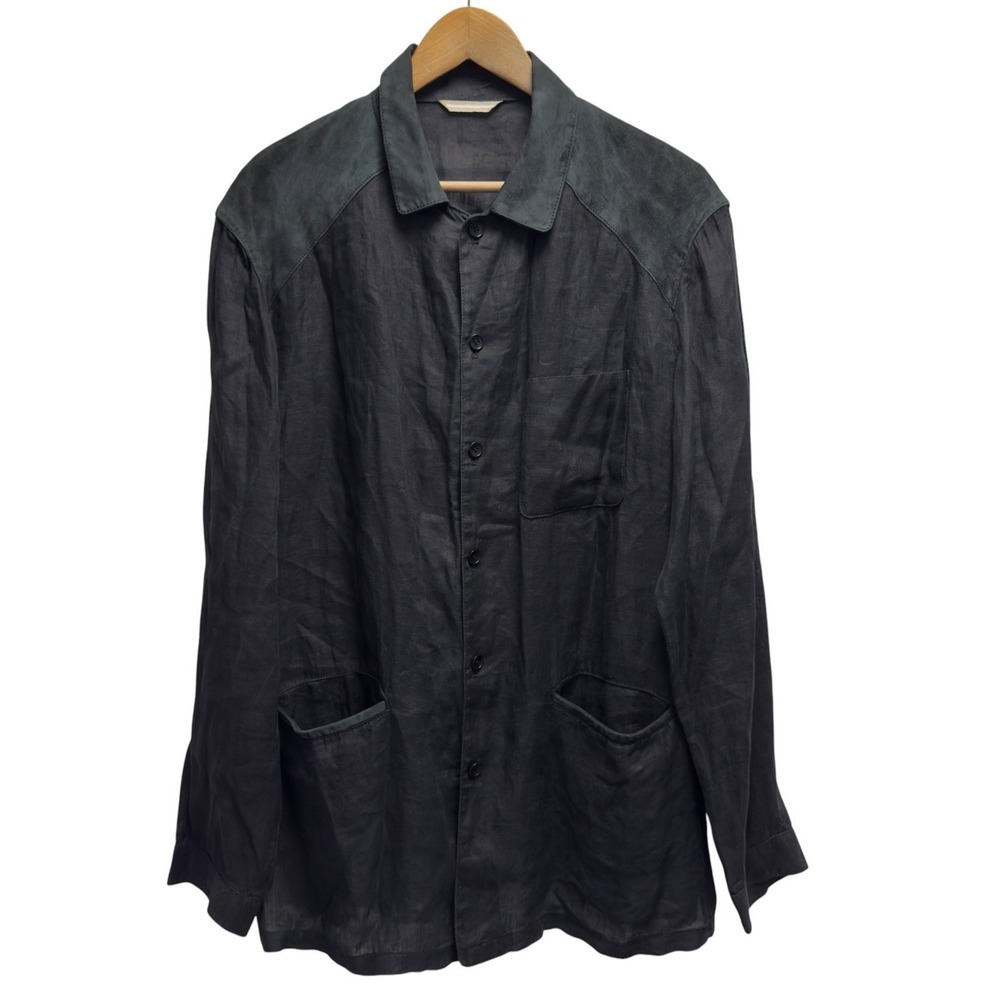 Gimo's Summer Mens Size 52 Black Suede Leather Linen Flax Chore Shirt Jacket euc